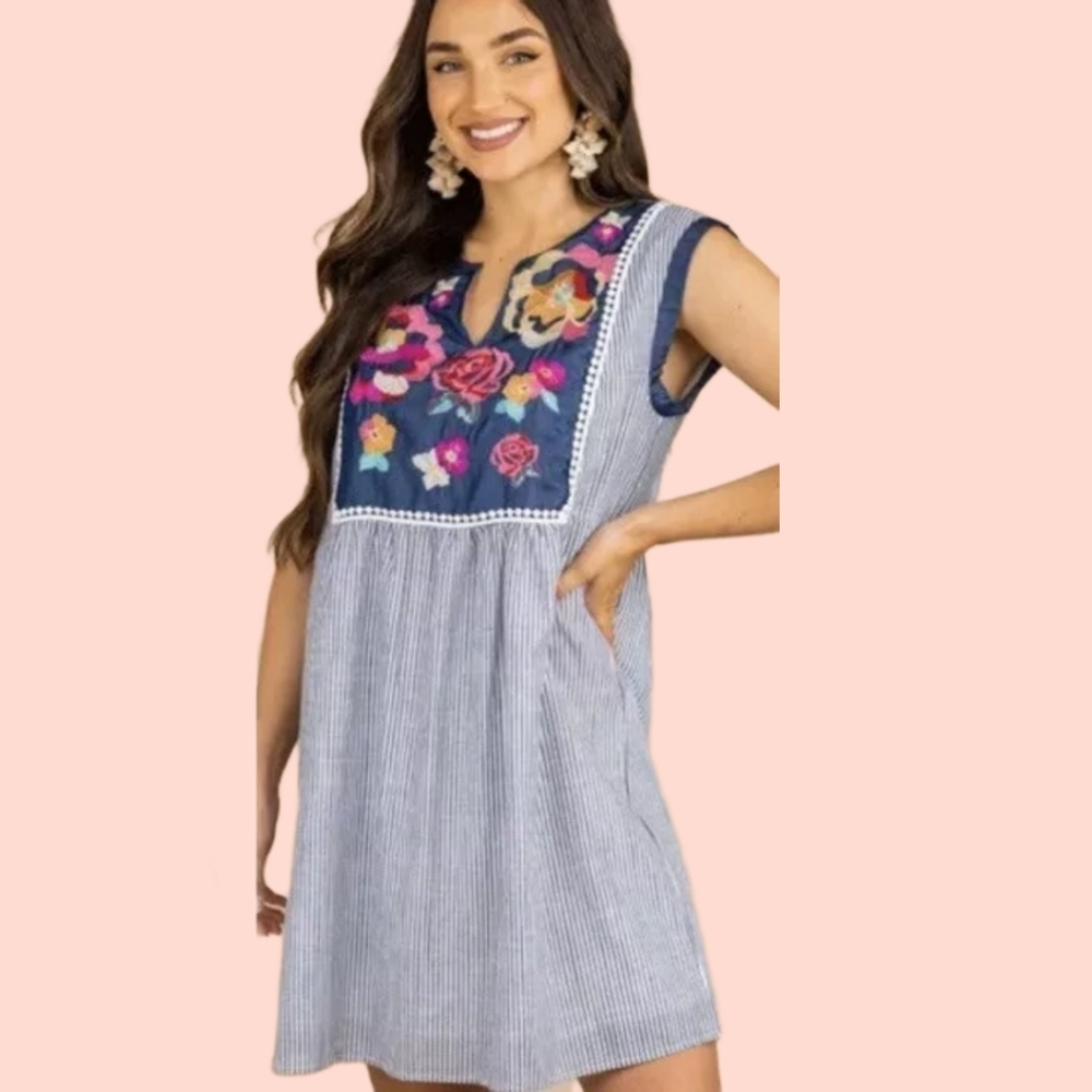 Savanna Jane Dress Striped Embroidered Denim Blue M